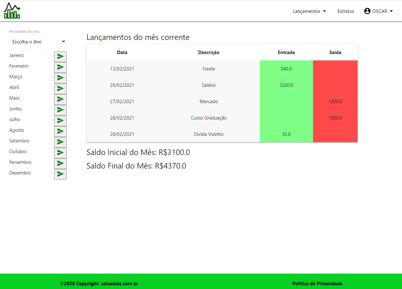 Print aplicação Fluxo de Caixa