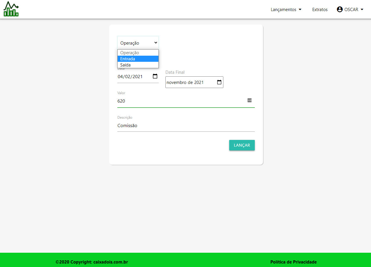 Print aplicação Fluxo de Caixa