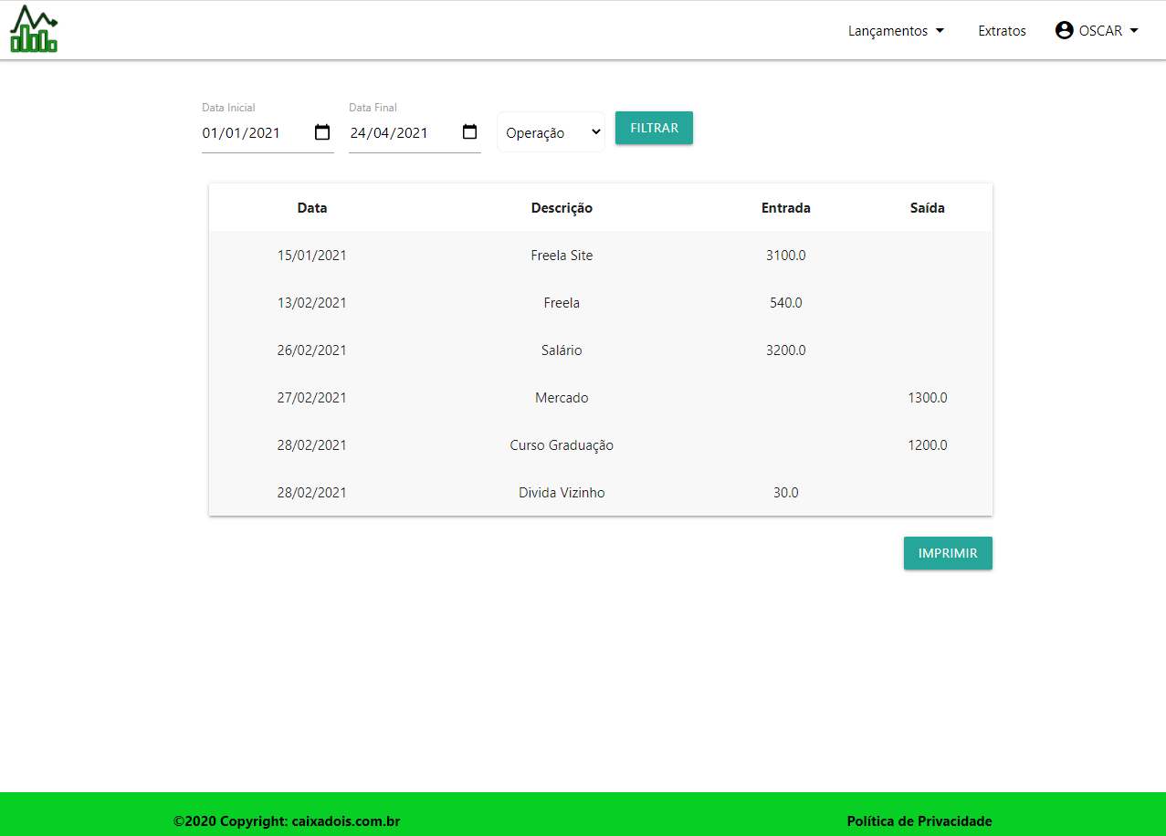 Print aplicação Fluxo de Caixa